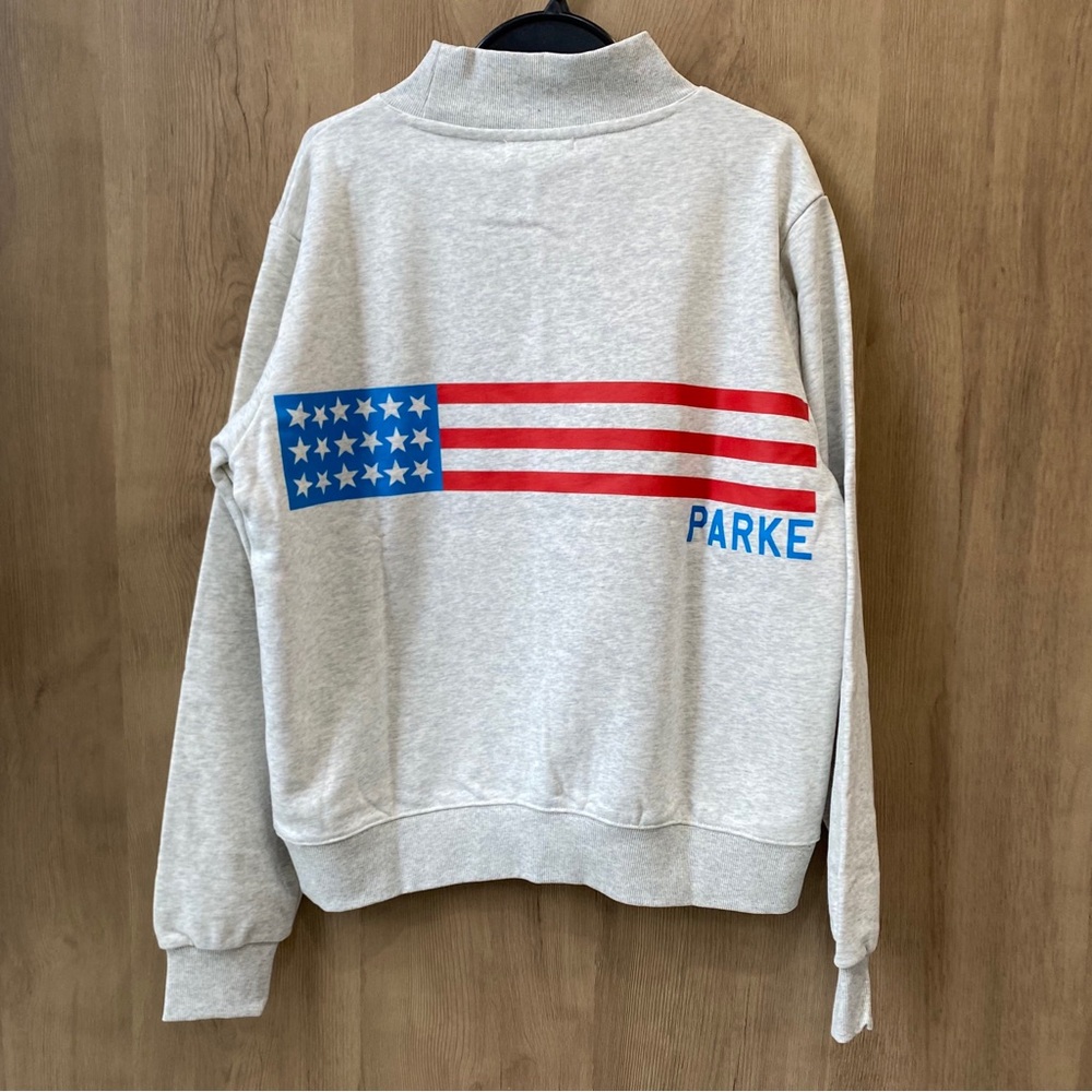 PARKE Light Gray Crewneck Sweatshirt with Red & Blue Flag Print
